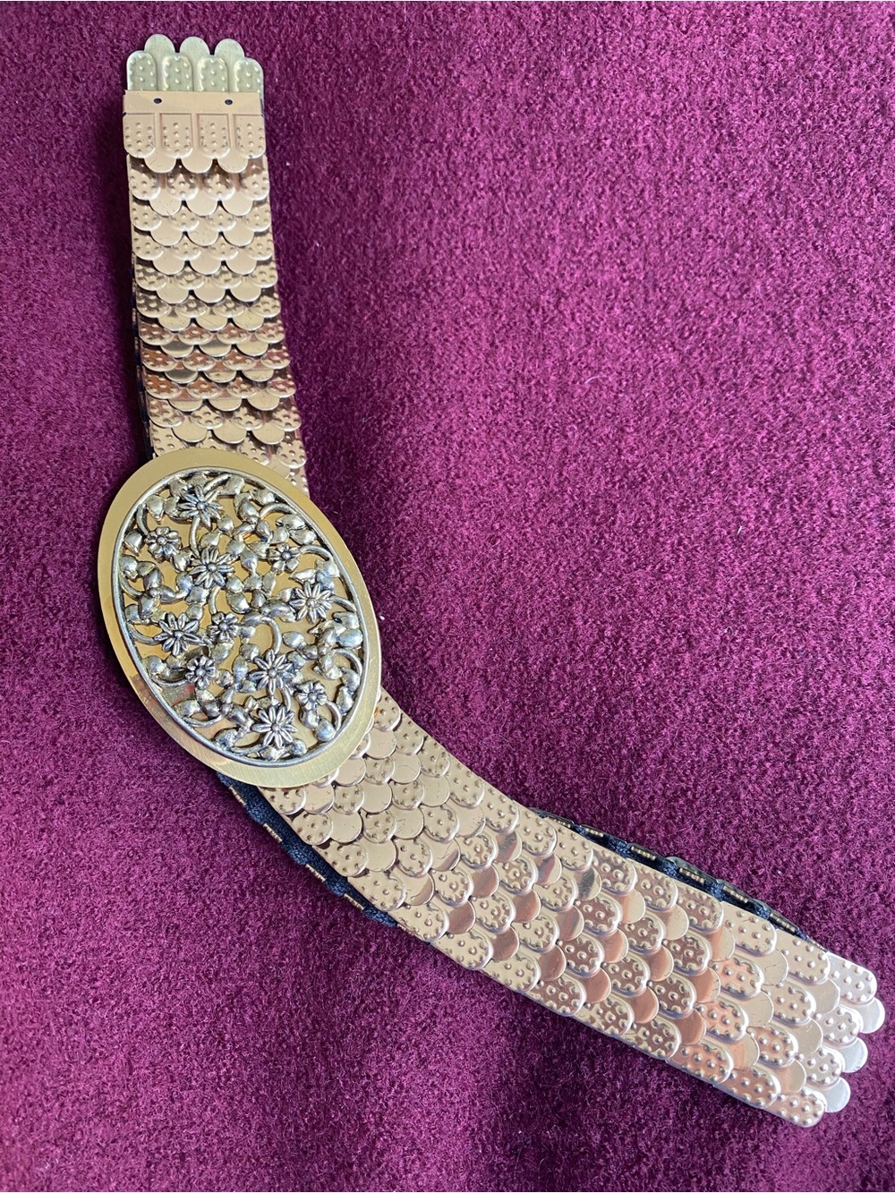 Wide Gold-tone Floral Metal Statement Belt Elastic Fish Scales Strap Vintage
